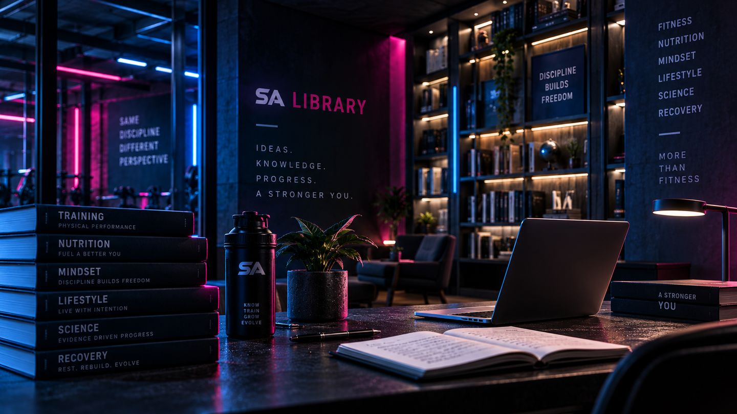 The SA Library reading room — shelves of training, nutrition and recovery volumes